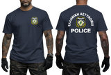 Front and back views of a navy blue t-shirt worn by a model. The front features a small Greek police badge on the left chest, and the back features the text 'ΕΛΛΗΝΙΚΗ ΑΣΤΥΝΟΜΙΑ POLICE' in white around a larger badge graphic.