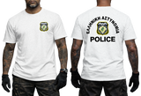 Front and back views of a white short-sleeve t-shirt worn by a model. The front features a small shield crest on the left chest, while the back displays a large black 'POLICE' text and a matching crest with the Greek text 'ΕΛΛΗΝΙΚΗ ΑΣΤΥΝΟΜΙΑ' arched above it.