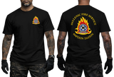 Hellenic Fire Service Greek Fire Brigade Black T-shirt with high-detail emblem and gold Greek text front and back view