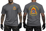 Hellenic Fire Service Greek Fire Brigade charcoal T-shirt with high-detail emblem and gold Greek text front and back view