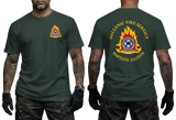 Hellenic Fire Service Greek Fire Brigade forest green T-shirt with high-detail emblem and gold Greek text front and back view
