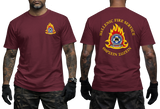 Hellenic Fire Service Greek Fire Brigade maroon T-shirt with high-detail emblem and gold Greek text front and back view