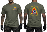 Hellenic Fire Service Greek Fire Brigade military green T-shirt with high-detail emblem and gold Greek text front and back view