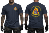 Hellenic Fire Service Greek Fire Brigade navy T-shirt with high-detail emblem and gold Greek text front and back view