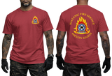 Hellenic Fire Service Greek Fire Brigade red T-shirt with high-detail emblem and gold Greek text front and back view