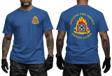 Hellenic Fire Service Greek Fire Brigade royal T-shirt with high-detail emblem and gold Greek text front and back view