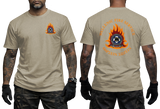 Hellenic Fire Service Greek Fire Brigade sand T-shirt with high-detail emblem and gold Greek text front and back view