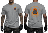 Hellenic Fire Service Greek Fire Brigade grey T-shirt with high-detail emblem and gold Greek text front and back view