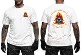 Hellenic Fire Service Greek Fire Brigade white T-shirt with high-detail emblem and gold Greek text front and back view