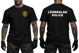 Icelandic Police T-Shirt in black featuring a yellow Lögreglan police emblem on the front chest and bold white Iceland Police lettering on the back