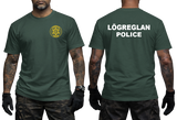 Icelandic Police T-Shirt in forest green with a yellow Lögreglan emblem on the front and large white Iceland Police lettering on the back
