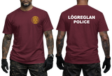 Icelandic Police T-Shirt in maroon featuring the Lögreglan emblem on the front chest and bold white Iceland Police back graphic