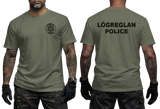 Icelandic Police T-Shirt in military green with a dark Lögreglan emblem on the front and black Iceland Police lettering on the back