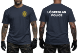 Icelandic Police T-Shirt in navy blue featuring a yellow Lögreglan police emblem on the front and white Iceland Police lettering on the back