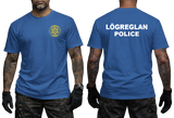 Icelandic Police T-Shirt in royal blue with a yellow Lögreglan emblem on the front chest and bold white Iceland Police lettering on the back