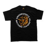 Minimalist University of Iceland graphic t-shirt in black featuring the official orange and white academic seal layout.