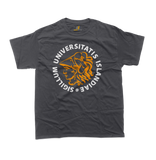 Minimalist University of Iceland graphic t-shirt in charcoal dark grey featuring the official orange and white academic seal layout.