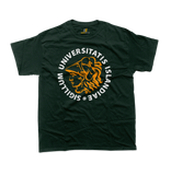 Minimalist University of Iceland graphic t-shirt in forest green featuring the official orange and white academic seal layout.