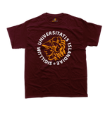 Minimalist University of Iceland graphic t-shirt in maroon dark red featuring the official orange and white academic seal layout.