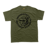 Minimalist University of Iceland graphic t-shirt in military olive green featuring a clean black academic seal layout.
