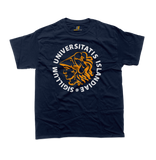 Minimalist University of Iceland graphic t-shirt in navy blue featuring the official orange and white academic seal layout.