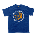 Minimalist University of Iceland graphic t-shirt in royal blue featuring the official orange and white academic seal layout.