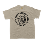 Minimalist University of Iceland graphic t-shirt in sand beige featuring a clean black academic seal layout.