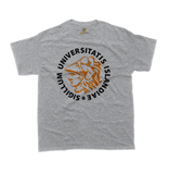Minimalist University of Iceland graphic t-shirt in sports grey featuring the official orange and black academic seal layout.