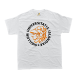 Minimalist University of Iceland graphic t-shirt in solid white featuring the official orange and black academic seal layout.
