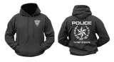 Black Israeli Police logo hoodie mockups showing the small front chest shield insignia and a large back print with the traditional Star of David emblem and Hebrew law enforcement typography.