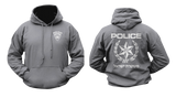 Charcoal grey Israeli Police logo hoodie mockups showing the small front chest shield insignia and a large back print with the traditional Star of David emblem and Hebrew law enforcement typography.