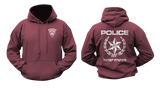 maroon Israeli Police logo hoodie mockups showing the small front chest shield insignia and a large back print with the traditional Star of David emblem and Hebrew law enforcement typography.