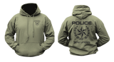military green Israeli Police logo hoodie mockups showing the small front chest shield insignia and a large back print with the traditional Star of David emblem and Hebrew law enforcement typography.