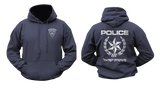 Navy blue Israeli Police logo hoodie mockups showing the small front chest shield insignia and a large back print with the traditional Star of David emblem and Hebrew law enforcement typography.