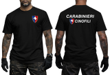 Italy Carabinieri Cinofili K9 Dog Unit military police black t-shirt featuring unit shield insignia on front left chest and large text print on back.