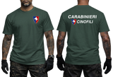 Italy Carabinieri Cinofili K9 Dog Unit military police dark green t-shirt featuring unit shield insignia on front left chest and large text print on back.