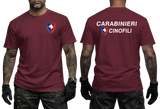 Italy Carabinieri Cinofili K9 Dog Unit military police red t-shirt featuring unit shield insignia on front left chest and large text print on back.