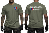 Italy Carabinieri Cinofili K9 Dog Unit military police military green t-shirt featuring unit shield insignia on front left chest and large text print on back.
