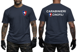 Italy Carabinieri Cinofili K9 Dog Unit military police navy t-shirt featuring unit shield insignia on front left chest and large text print on back.