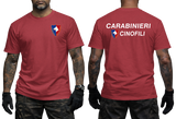 Italy Carabinieri Cinofili K9 Dog Unit military police  red t-shirt featuring unit shield insignia on front left chest and large text print on back.