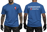 Italy Carabinieri Cinofili K9 Dog Unit military police royal blue t-shirt featuring unit shield insignia on front left chest and large text print on back.