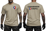 Italy Carabinieri Cinofili K9 Dog Unit military police khaki t-shirt featuring unit shield insignia on front left chest and large text print on back.