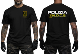 Black crewneck t-shirt featuring the Italian Police N.O.C.S. (Nucleo Operativo Centrale di Sicurezza) insignia with a small left-chest emblem and a large back print showing POLIZIA and the N.O.C.S. tactical unit logo.