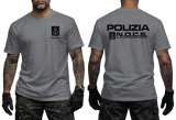 charcoal crewneck t-shirt featuring the Italian Police N.O.C.S. (Nucleo Operativo Centrale di Sicurezza) insignia with a small left-chest emblem and a large back print showing POLIZIA and the N.O.C.S. tactical unit logo.