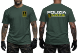 dark green crewneck t-shirt featuring the Italian Police N.O.C.S. (Nucleo Operativo Centrale di Sicurezza) insignia with a small left-chest emblem and a large back print showing POLIZIA and the N.O.C.S. tactical unit logo.