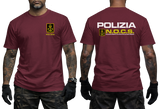 maroon crewneck t-shirt featuring the Italian Police N.O.C.S. (Nucleo Operativo Centrale di Sicurezza) insignia with a small left-chest emblem and a large back print showing POLIZIA and the N.O.C.S. tactical unit logo.
