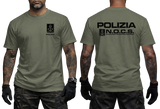 military green crewneck t-shirt featuring the Italian Police N.O.C.S. (Nucleo Operativo Centrale di Sicurezza) insignia with a small left-chest emblem and a large back print showing POLIZIA and the N.O.C.S. tactical unit logo.