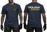 navy crewneck t-shirt featuring the Italian Police N.O.C.S. (Nucleo Operativo Centrale di Sicurezza) insignia with a small left-chest emblem and a large back print showing POLIZIA and the N.O.C.S. tactical unit logo.