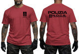 red crewneck t-shirt featuring the Italian Police N.O.C.S. (Nucleo Operativo Centrale di Sicurezza) insignia with a small left-chest emblem and a large back print showing POLIZIA and the N.O.C.S. tactical unit logo.