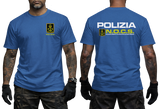 blue crewneck t-shirt featuring the Italian Police N.O.C.S. (Nucleo Operativo Centrale di Sicurezza) insignia with a small left-chest emblem and a large back print showing POLIZIA and the N.O.C.S. tactical unit logo.